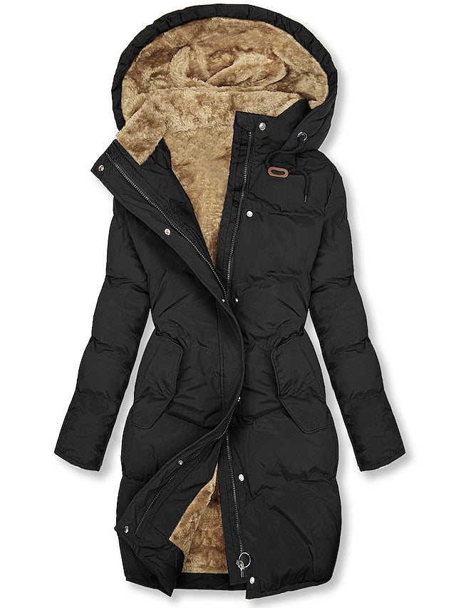 Women's long padded puffer winter coat with hood and warm lining 1