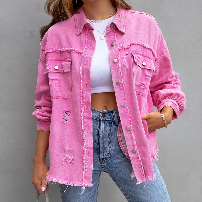 YANELA | Oversized Denim Blouse Jacket with Frayed Details 0