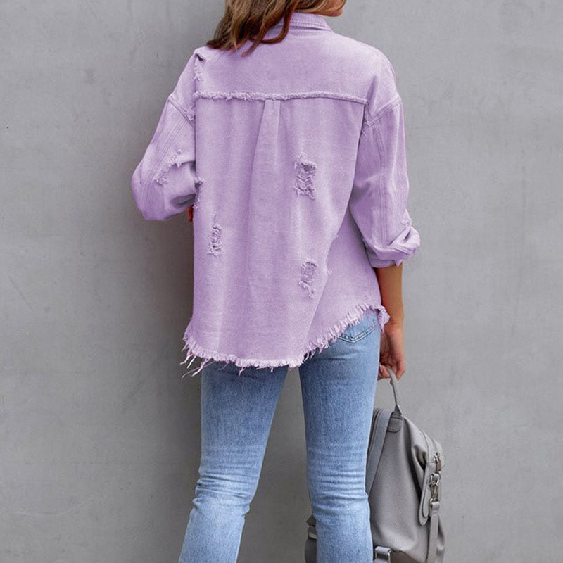 YANELA | Oversized Denim Blouse Jacket with Frayed Details 3