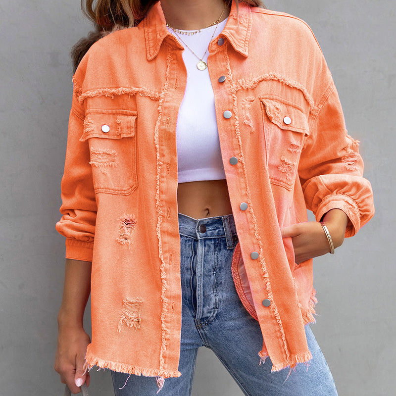 YANELA | Oversized Denim Blouse Jacket with Frayed Details 4
