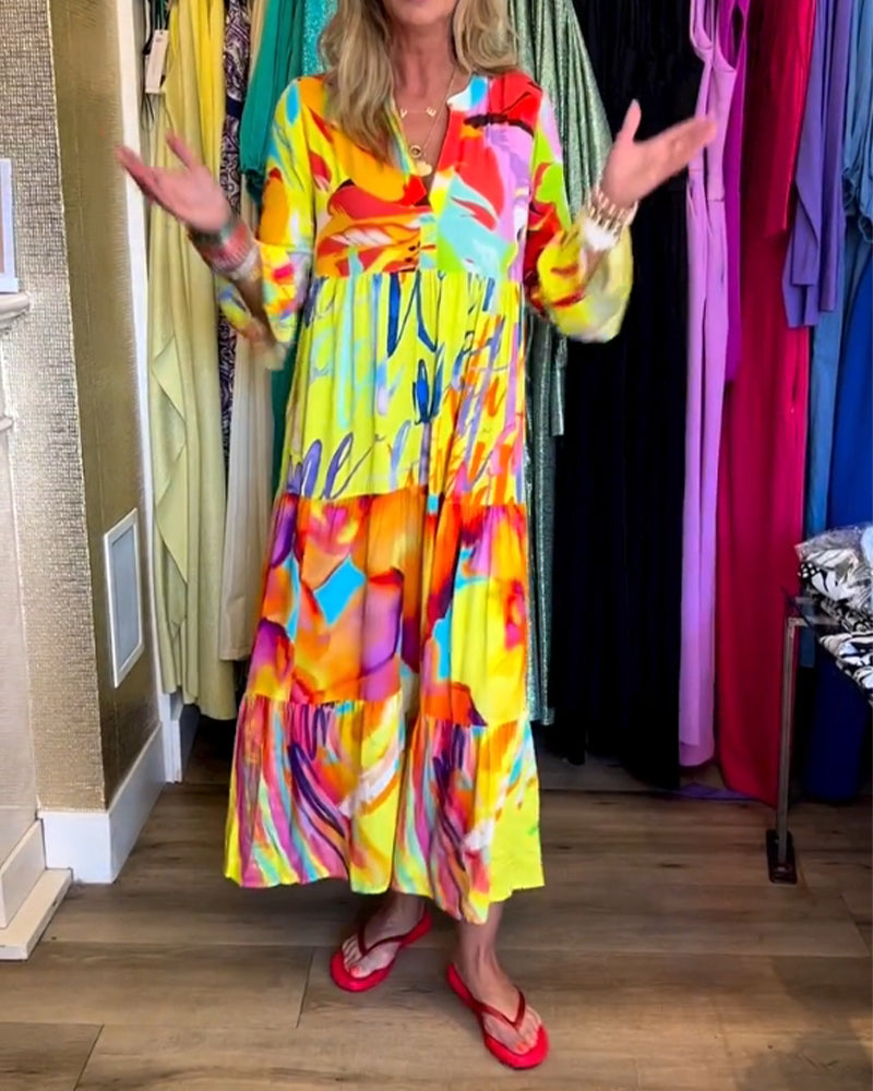 Yellow dress with flared sleeves and elegant print 0
