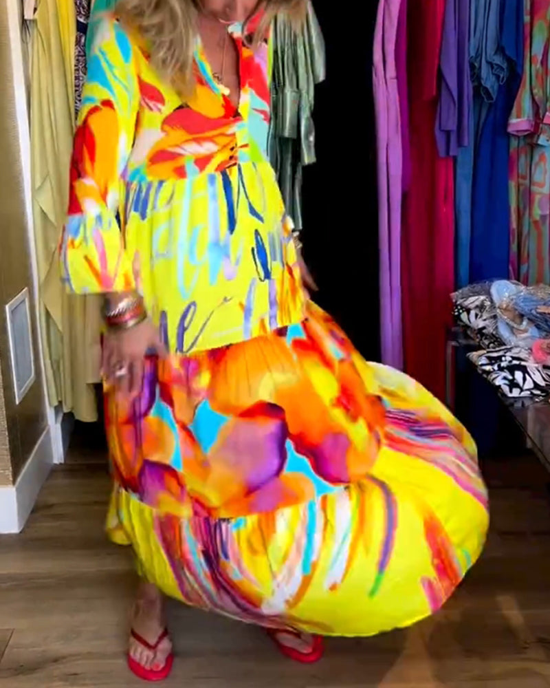 Yellow dress with flared sleeves and elegant print 2