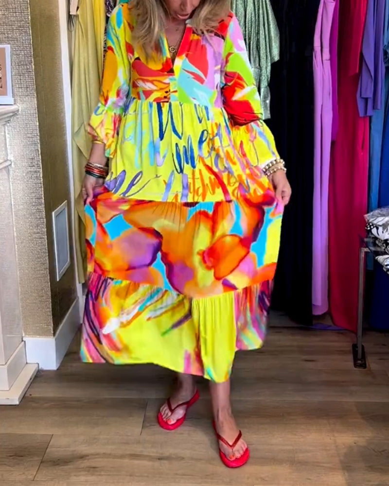 Yellow dress with flared sleeves and elegant print 3
