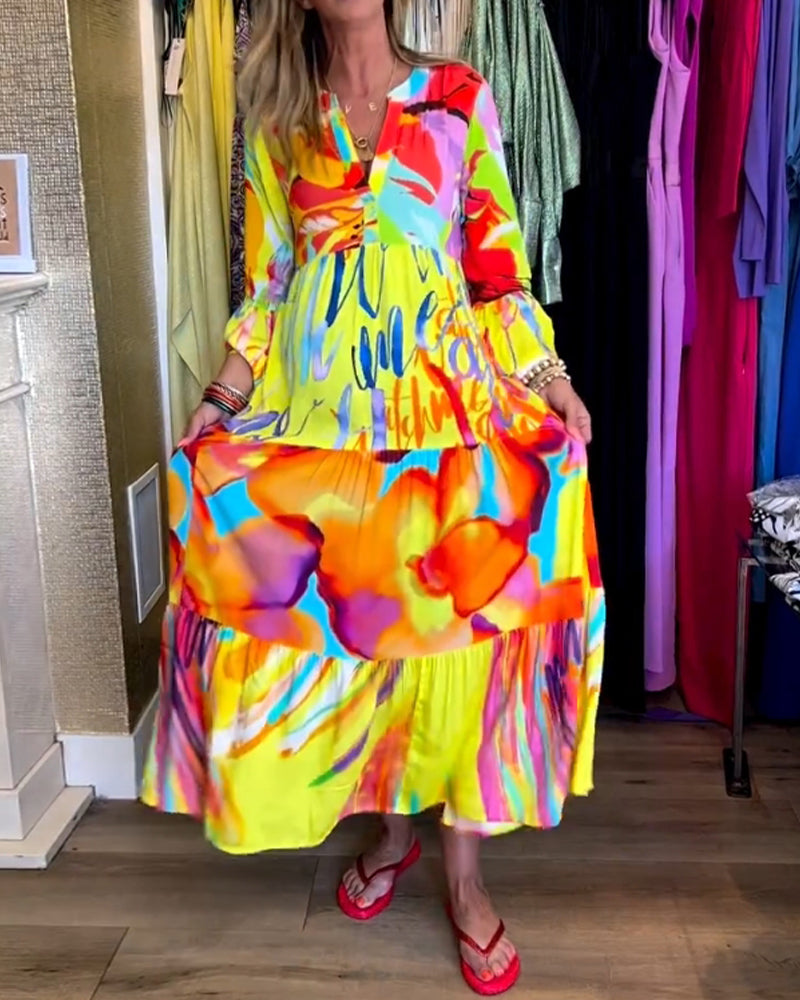 Yellow dress with flared sleeves and elegant print 6