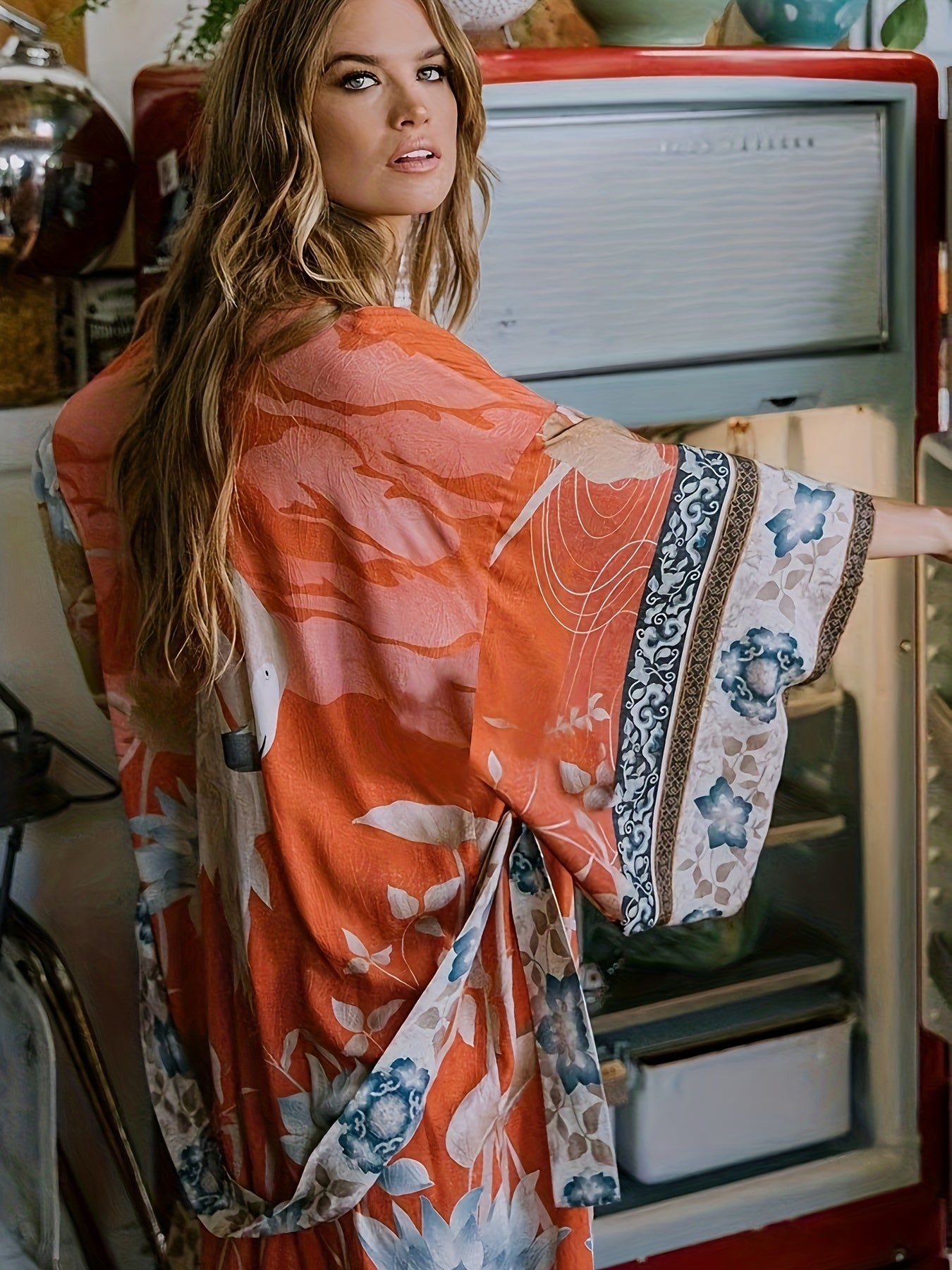 Yumea | Long Kimono with Floral Print for Women 2