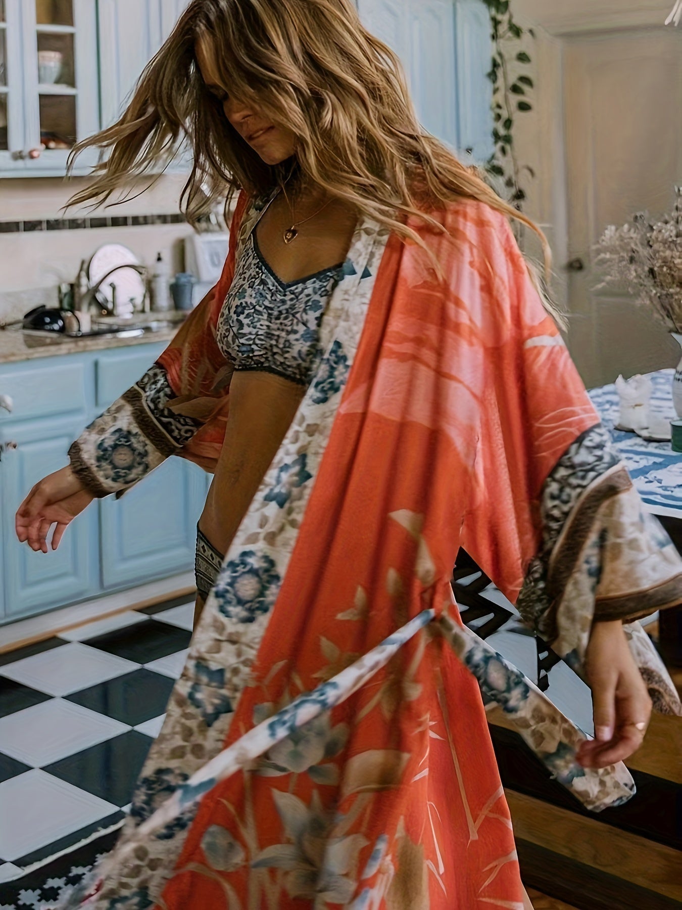 Yumea | Long Kimono with Floral Print for Women 6